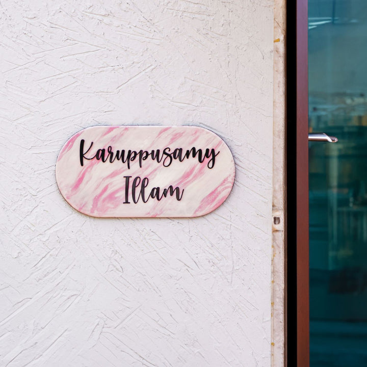 Handmade Resin Pink Black Oval Marbled Name Plate - Mounted on Exterior Wall Near Door
