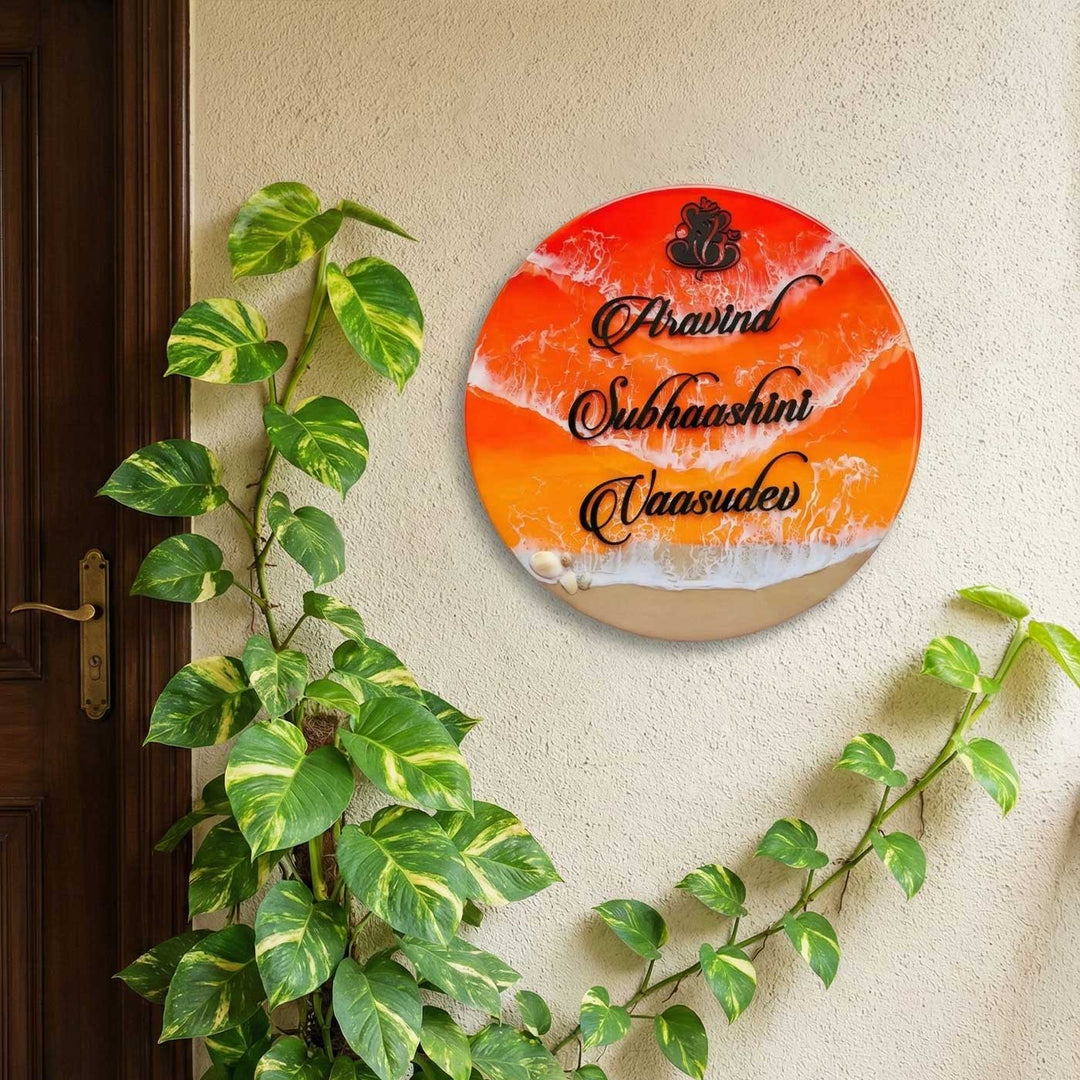 Orange And Black Personalized Ocean Effect Round Resin Name Plate | With 3D Acrylic Letters