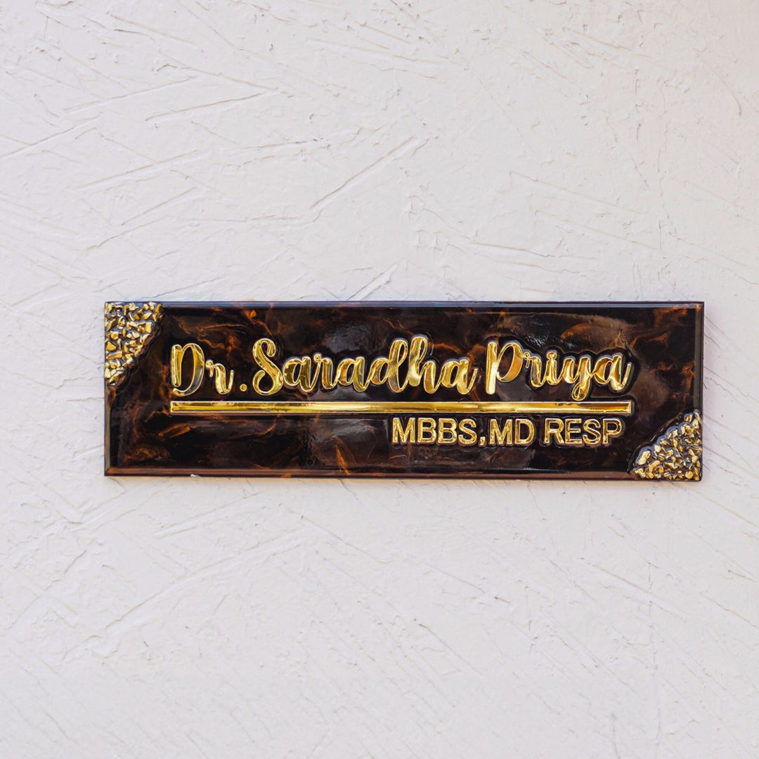Handmade Resin Black Gold Rectangle Marbled Name Plate 1 - Mounted on Wall Front View