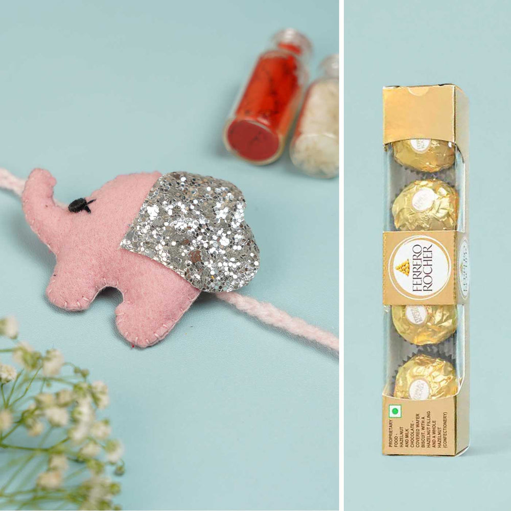 Handmade Glitter Elephant Felt Rakhi With Roli Chawal - Elephant Rakhi Front View with Chocolates