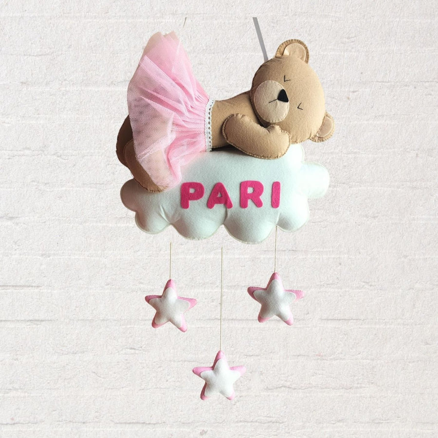 Personalized Teddy Theme Cloud Felt Name Plate For Kids - Front View Hanging with Name Personalization