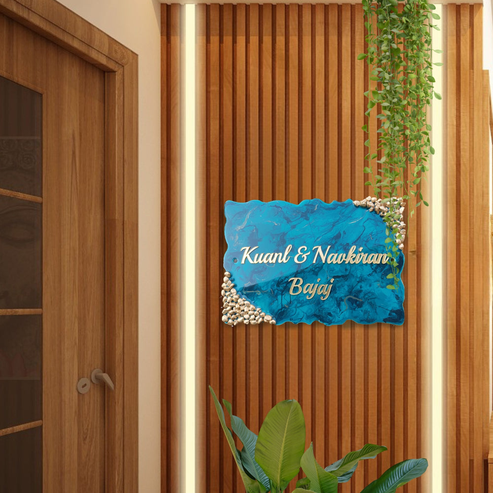 Personalized Handmade Blue And Gold Resin Name Plate - Mounted on Vertical Slat Wall