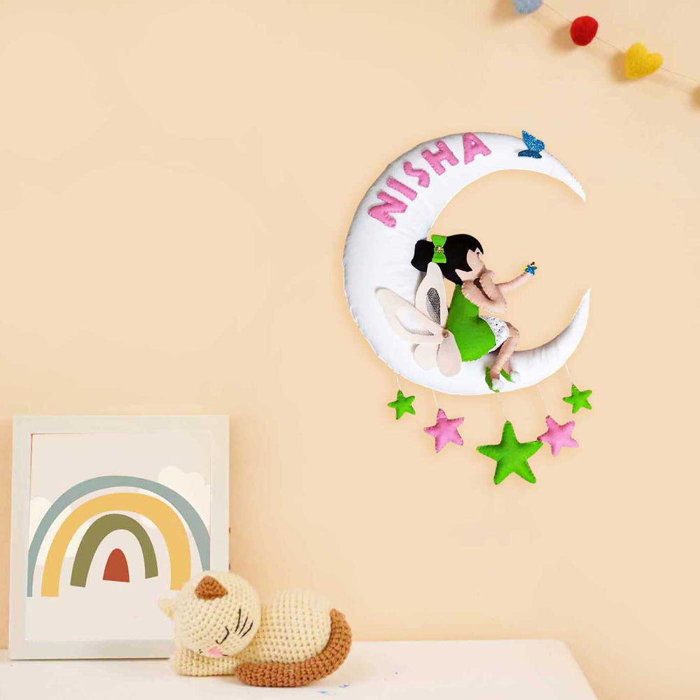 Personalized Fairy On Moon Felt Kids Name Plate - Mounted on Wall with Name Personalization