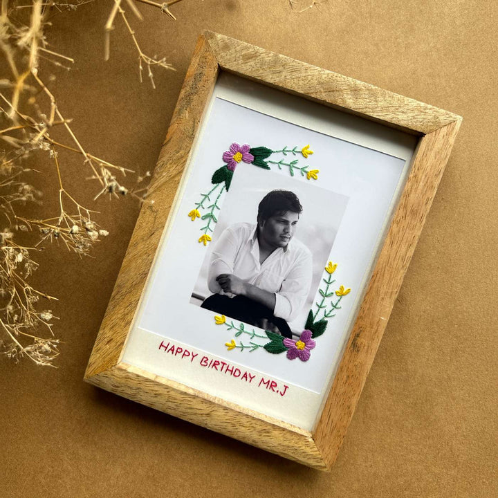 Corner Flowers Design Hand Embroidered Photo With Wooden Frame