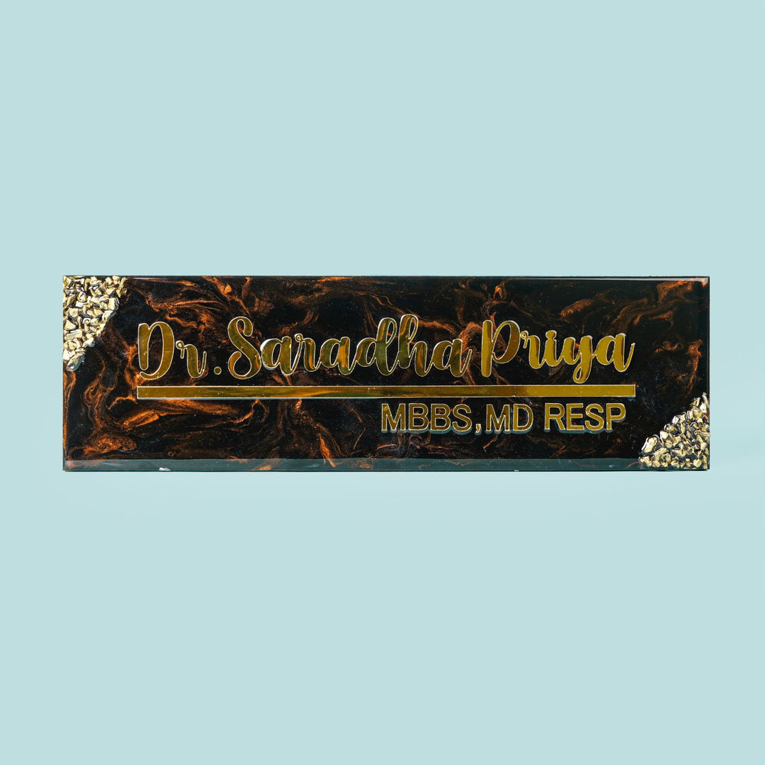 Handmade Resin Black Gold Rectangle Marbled Name Plate 1 - Front View on Plain Background