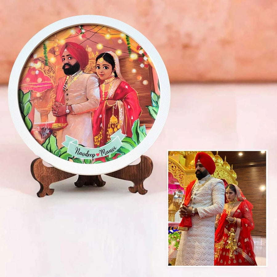 Photo Caricature Nameplate With Stand For Wedding Couples 9 - Front View on Decorative Stand