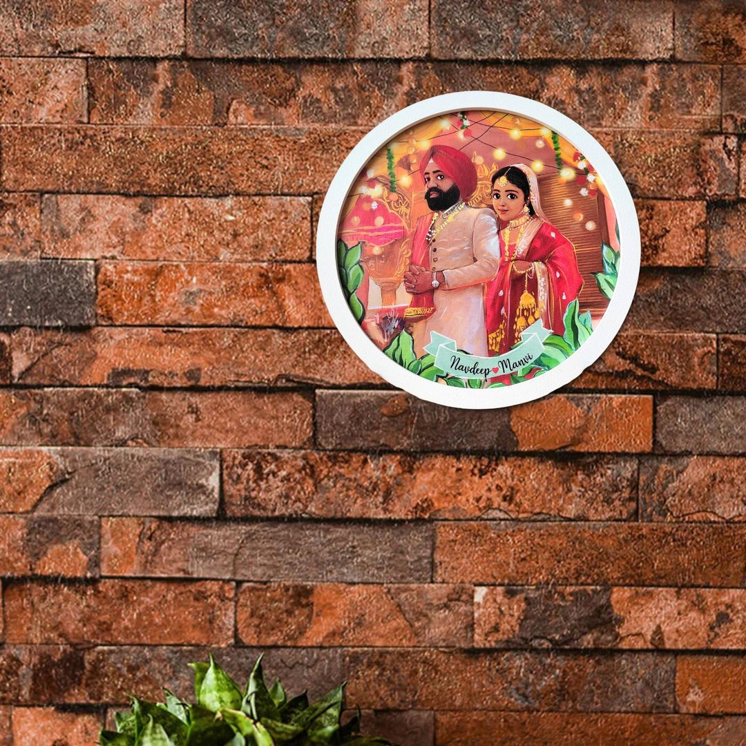 Photo Caricature Nameplate With Stand For Wedding Couples 9 - Mounted on Brick Wall Close-up