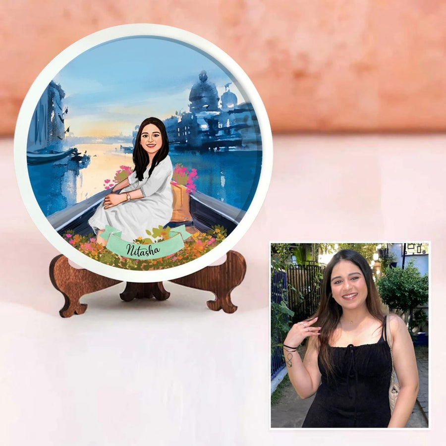 Photo Caricature Nameplate With Stand For Individuals 3 - Customized Portrait on Round Plate