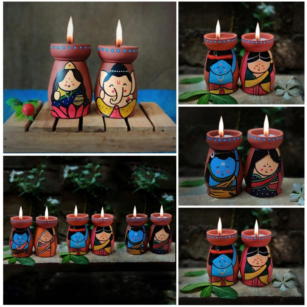 Handpainted Terracotta Tealight Holders with Ram & Sita | Set of 2