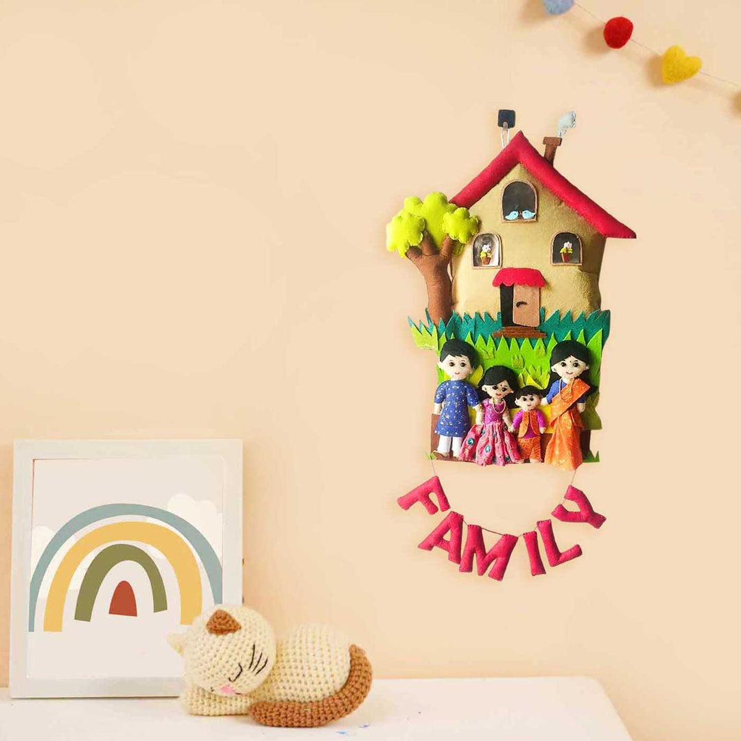 Personalized Family Themed Felt Kids Name Plate - Wall Hanging Display with Family Figures