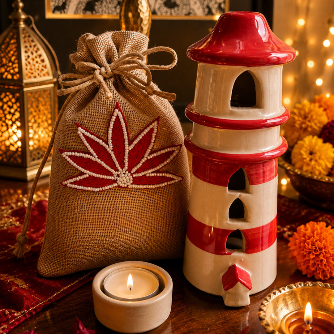 Shubh Labh Red Tealight Home Diwali Gift Hamper With Potli And Mata Laxmi Charan For Festive Gifting