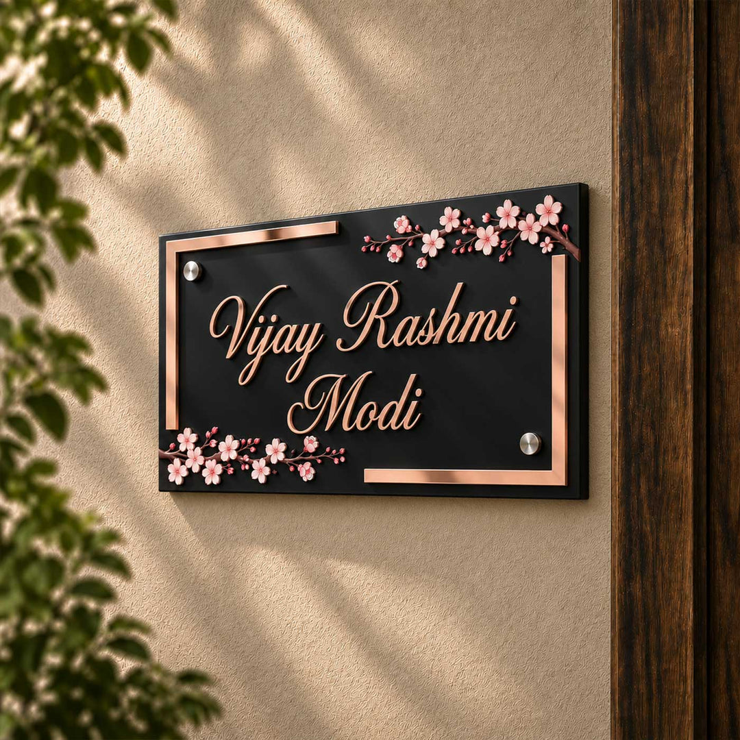 Cherry Blossom Elegance Personalized Black Rectangle Acrylic Name Plate For Home
