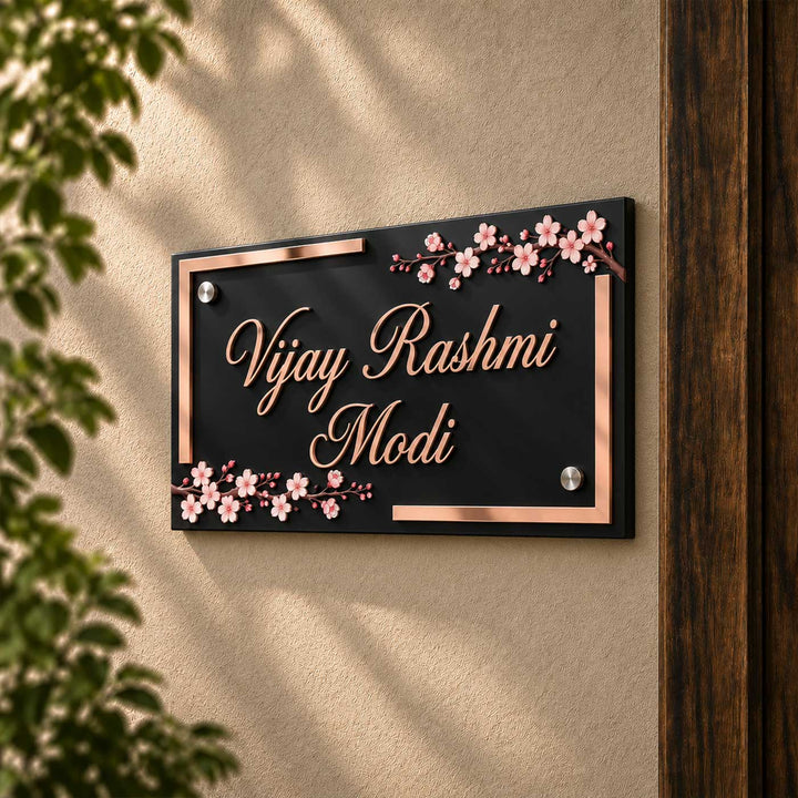 Cherry Blossom Elegance Personalized Black Rectangle Acrylic Name Plate For Home