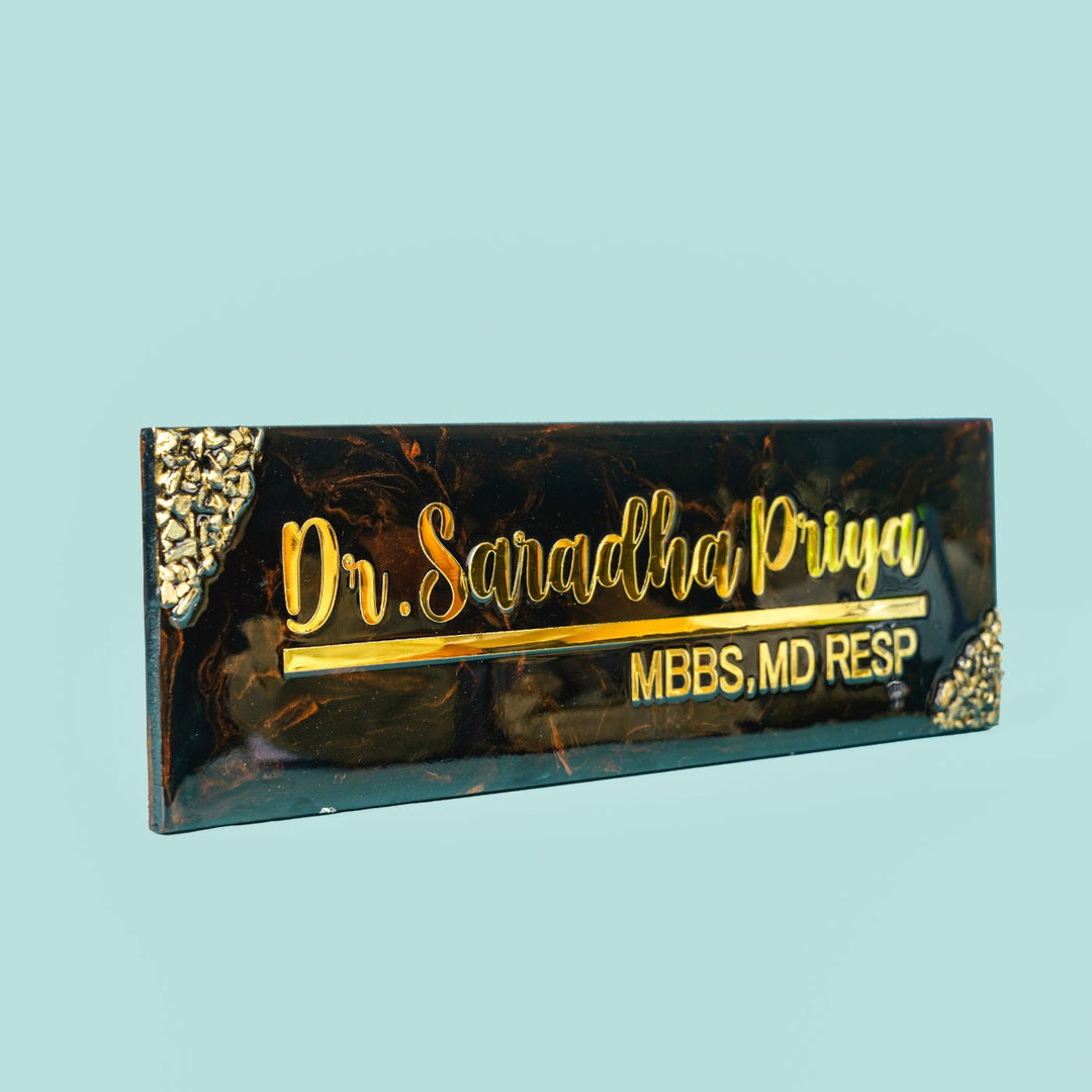 Handmade Resin Black Gold Rectangle Marbled Name Plate 1 - Angled Front View with Name Display