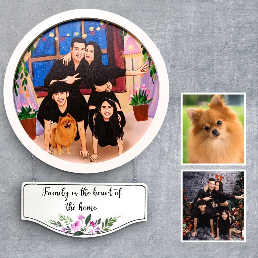 Photo Caricature Hanging Name Plate Large Family With Pets - Custom Portrait with Hanging Sign Display