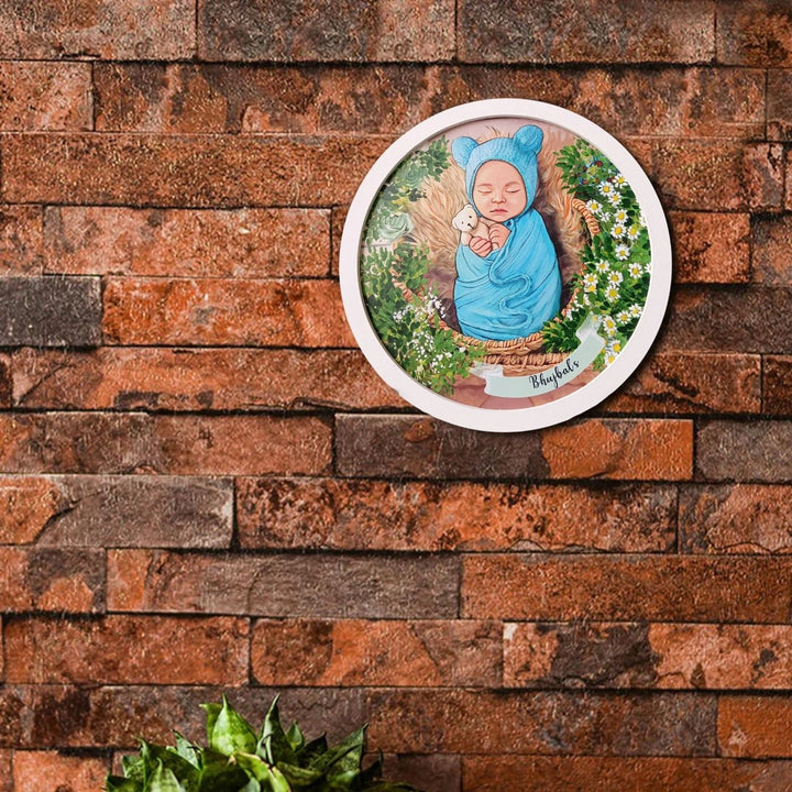 Photo Caricature Name Plate With Stand For Kids - Mounted on Brick Wall Front View