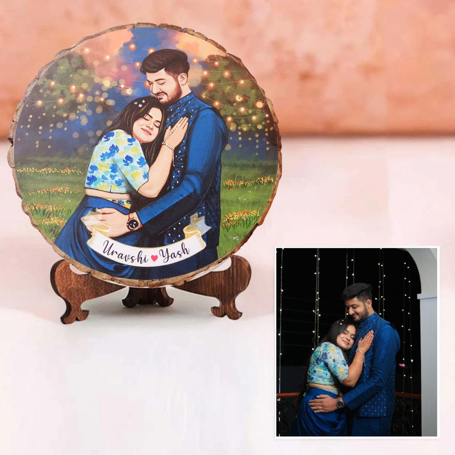Photo Caricature Bark Nameplate With Stand For Wedding Couples 1 - Front View with Stand Display
