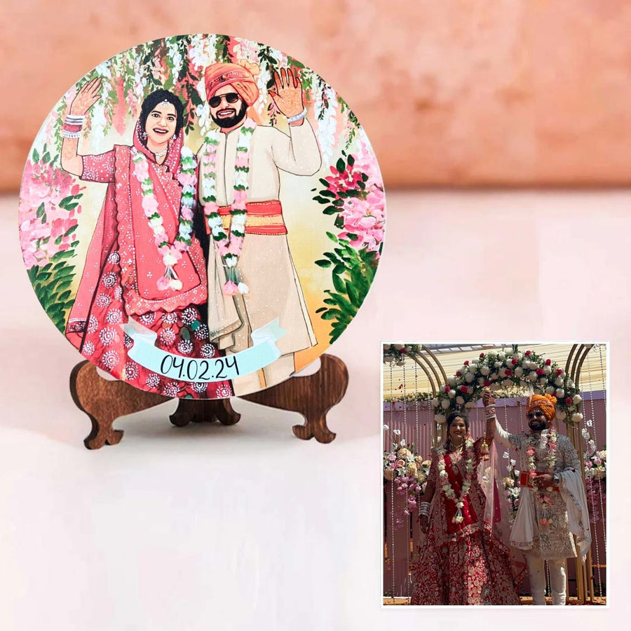 Photo Caricature Name Plate With Stand Copy For Wedding Couples - Front View with Photo Comparison Insert