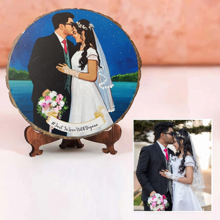 Photo Caricature Bark Nameplate With Stand Copy 1 For Wedding Couples - Front View on Wooden Stand