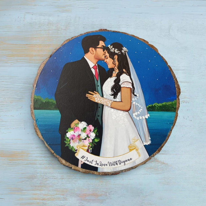 Photo Caricature Bark Nameplate With Stand Copy 1 For Wedding Couples - Front View with Personalized Illustration