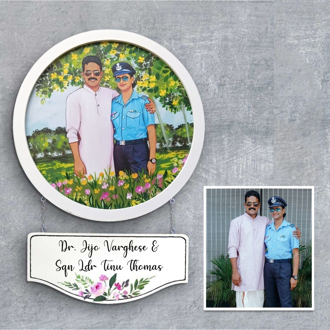 Photo Caricature Hanging Name Plate For Couples 4 - Custom Portrait with Nameplate Display