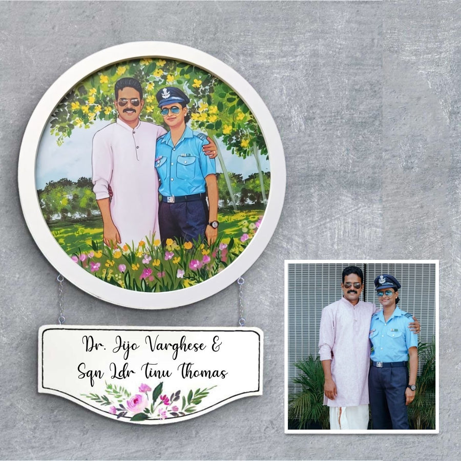 Photo Caricature Hanging Name Plate For Couples 4 - Custom Portrait with Nameplate Display