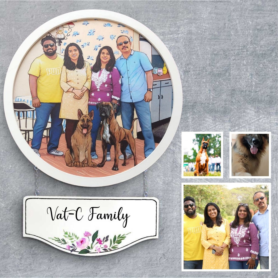 Photo Caricature Hanging Name Plate Large Family With Pets 1 - Front View with Personalization Plate