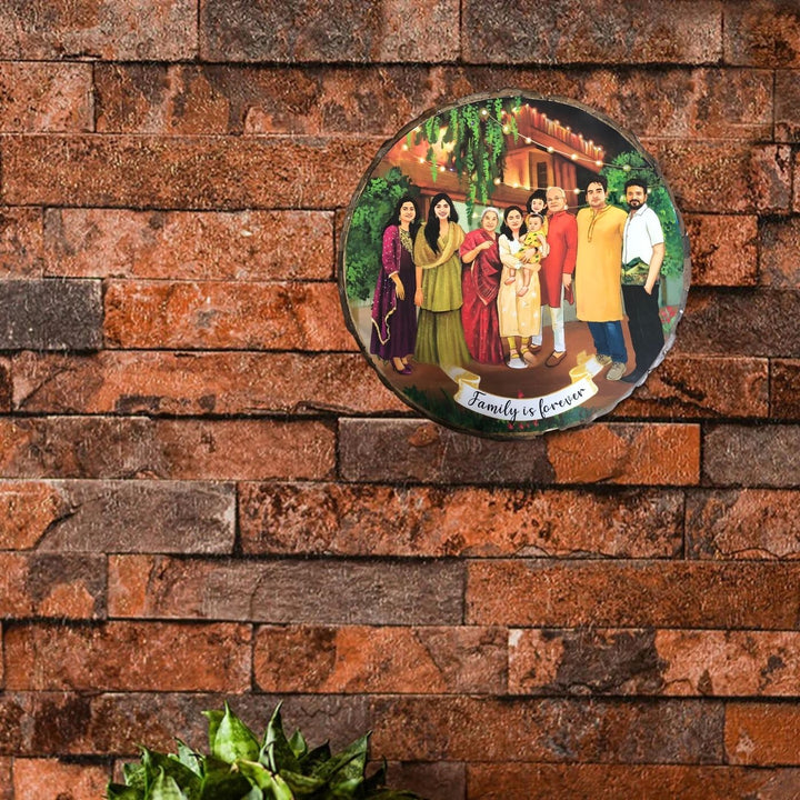 Photo Caricature Bark Nameplate With Stand For Large Families - Mounted on Brick Wall Display