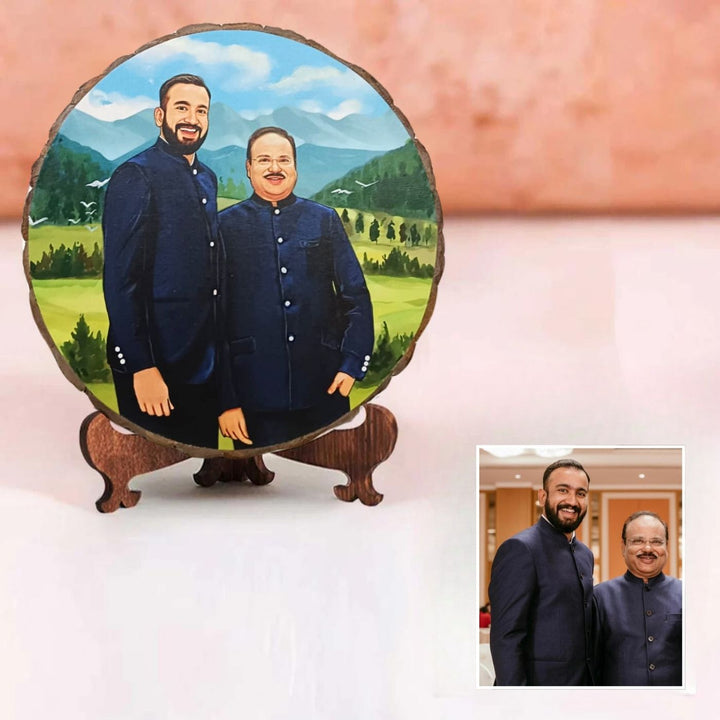 Photo Caricature Bark Nameplate With Stand For Father - Front View on Wooden Stand