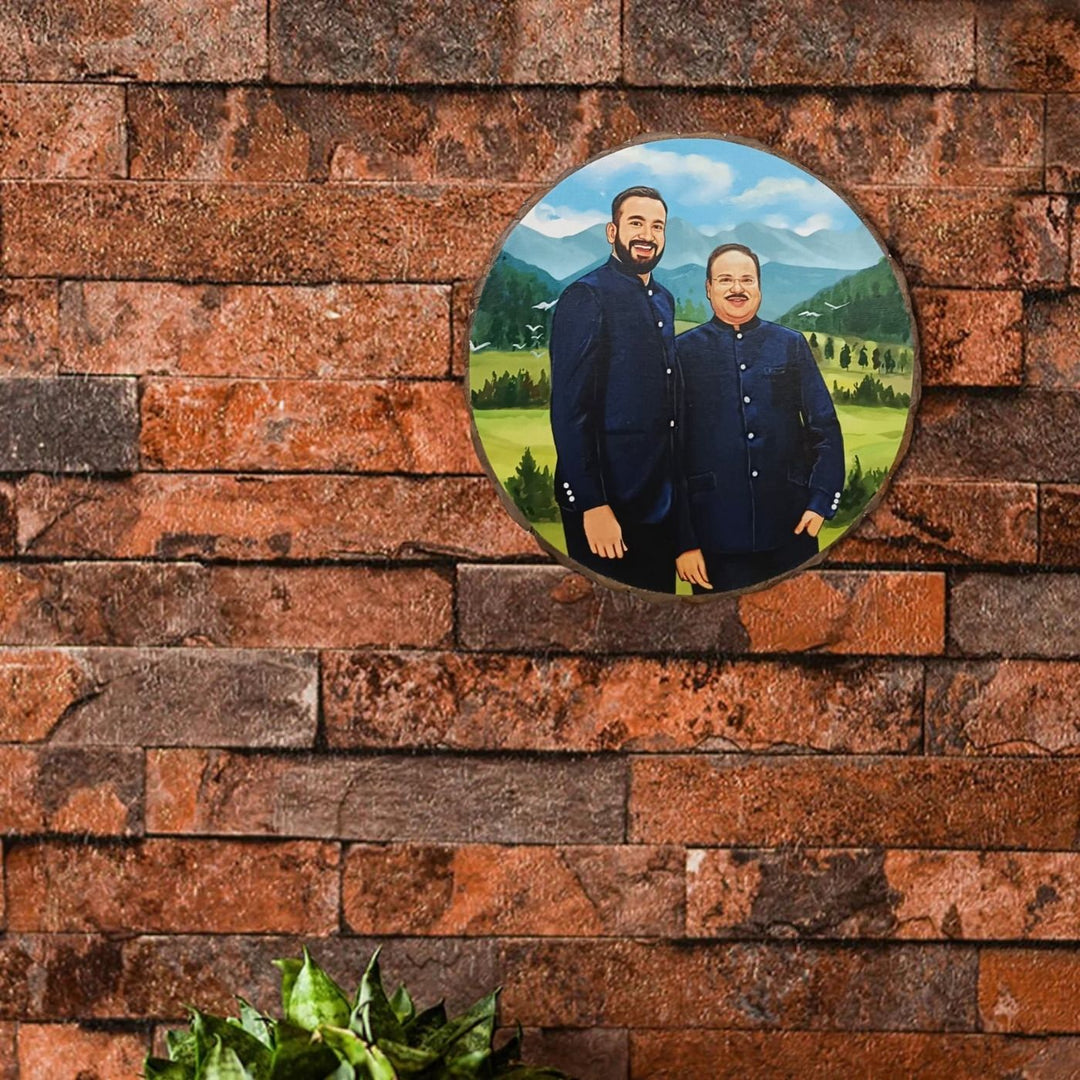 Photo Caricature Bark Nameplate With Stand For Father - Mounted on Brick Wall Front View
