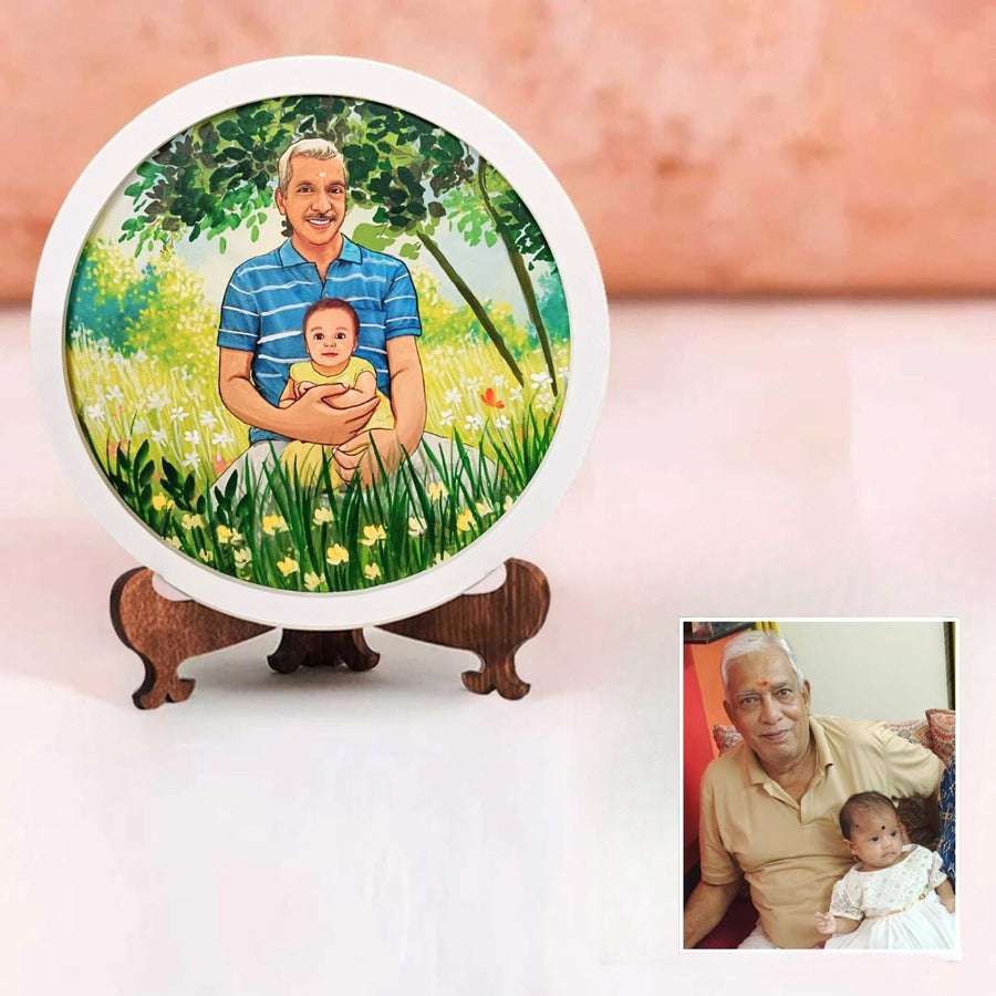 Photo Caricature Name Plate With Stand For Grandparents 2 - Personalized Plate with Hand-drawn Portrait