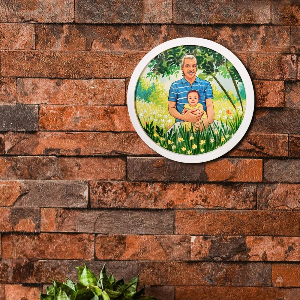 Photo Caricature Name Plate With Stand For Grandparents 2 - Mounted on Brick Wall