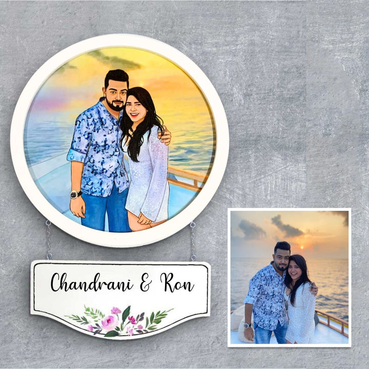 Photo Caricature Hanging Name Plate For Couples Vacation - Personalized Double Panel Front View