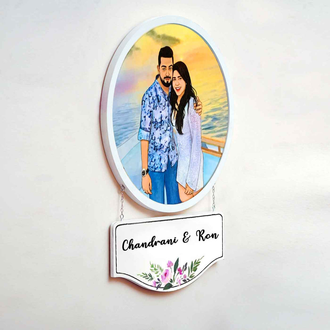 Photo Caricature Hanging Name Plate For Couples Vacation - Mounted Wall Display with Nameplate