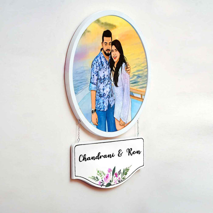 Photo Caricature Hanging Name Plate For Couples Vacation - Mounted Wall Display with Nameplate