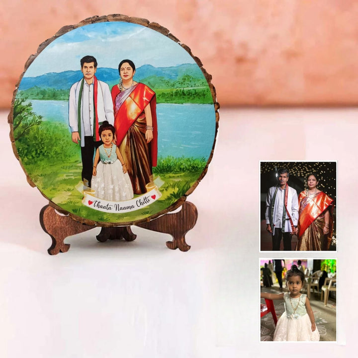 Photo Caricature Name Plate With Stand For Grandparents - Front View with Personalized Illustration