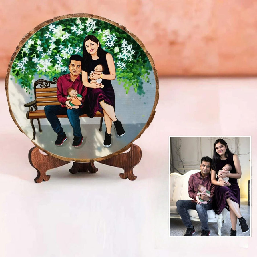 Photo Caricature Bark Nameplate With Stand For Twins - Custom Family Portrait Example on Wood