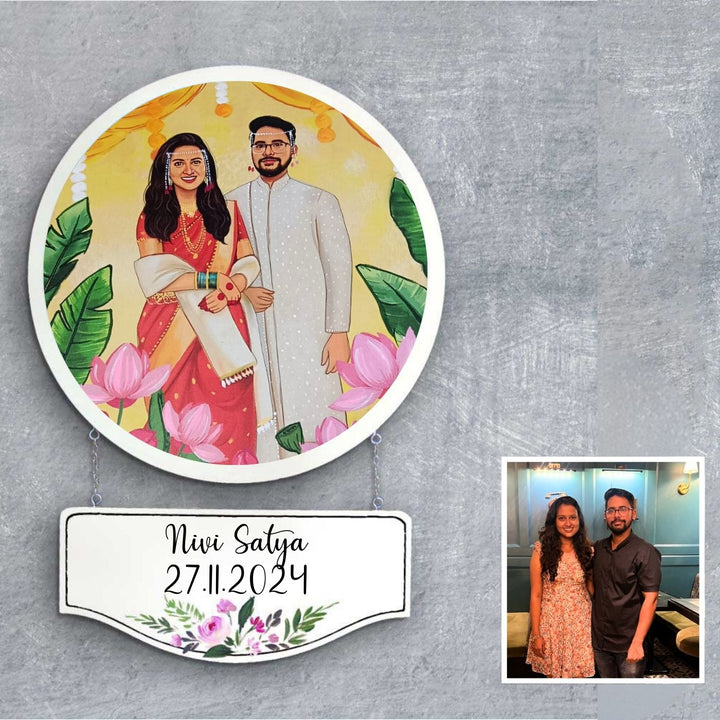 Photo Caricature Hanging Name Plate For Wedding Couples 2 - Framed Personalized Wall Hanging Front