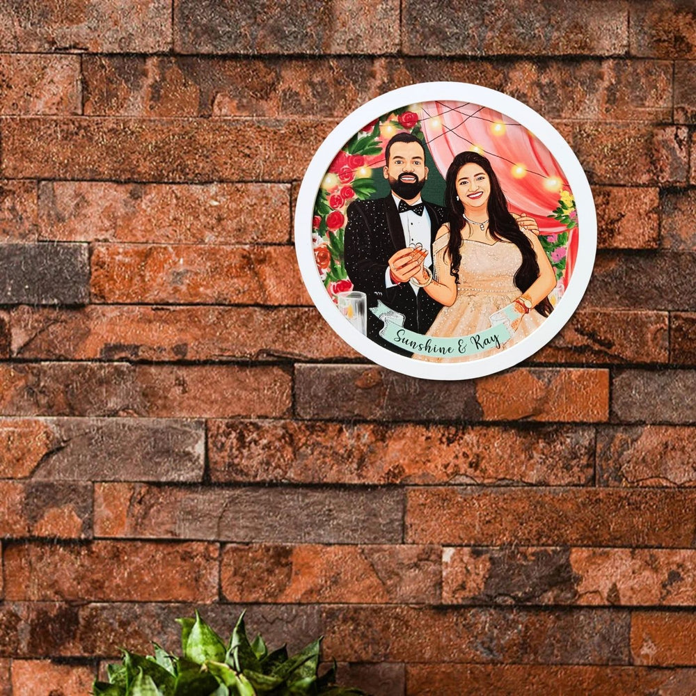 Photo Caricature Name Plate With Stand For Engagement - Mounted on Brick Wall Centered