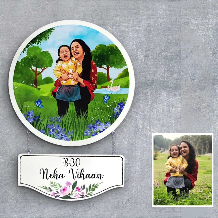 Photo Caricature Hanging Name Plate For Mother - Mounted on Wall with Personalization