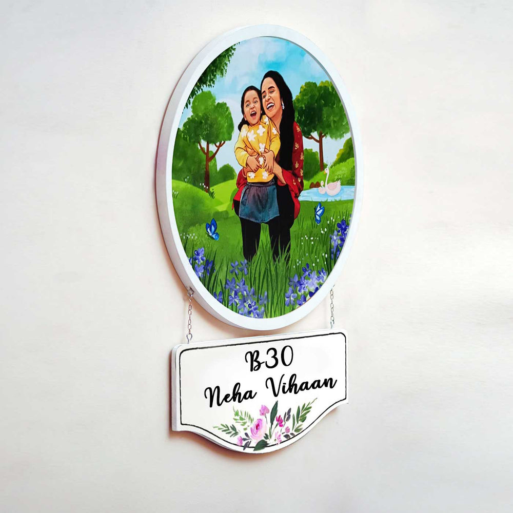 Photo Caricature Hanging Name Plate For Mother - Side View Hanging with Nameplate