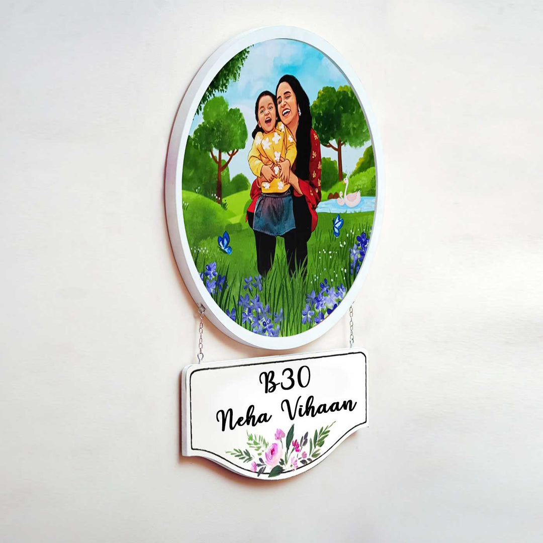 Photo Caricature Hanging Name Plate For Mother - Side View Hanging with Nameplate