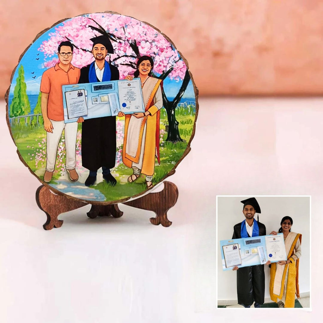 Photo Caricature Bark Nameplate With Stand For Small Families - Personalized Graduation Portrait on Wood