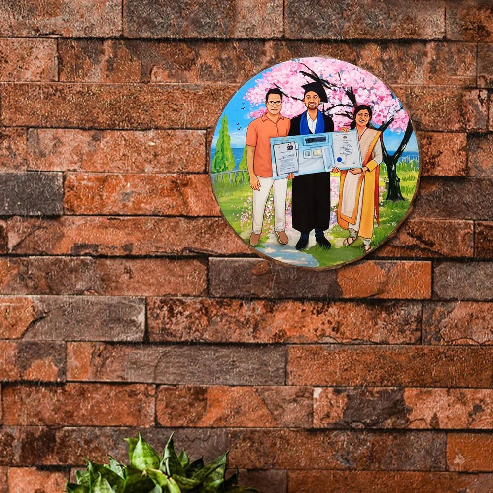 Photo Caricature Bark Nameplate With Stand For Small Families - Mounted on Brick Wall