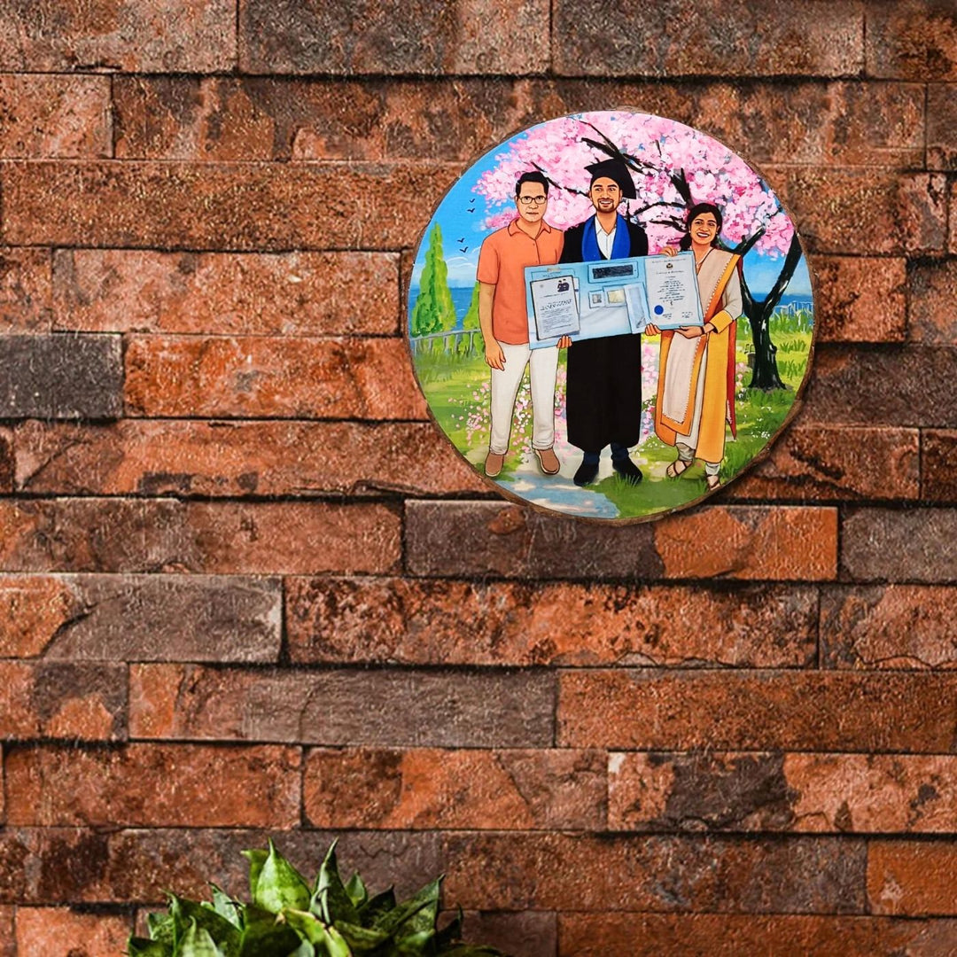 Photo Caricature Bark Nameplate With Stand For Small Families - Mounted on Brick Wall