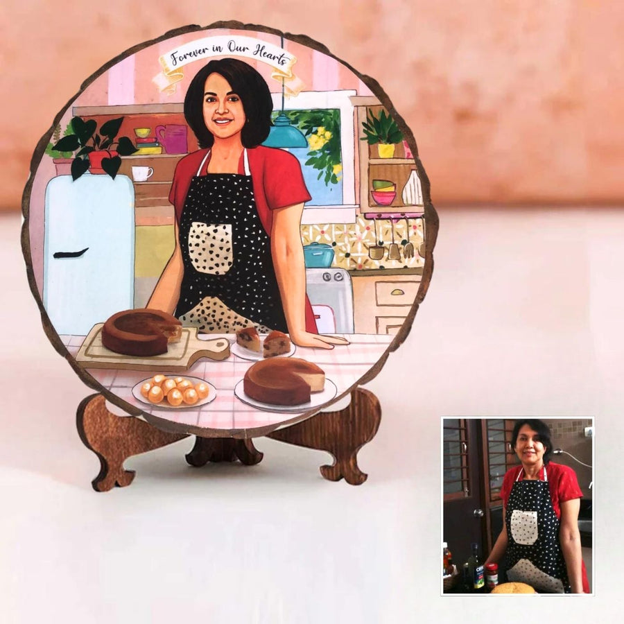 Photo Caricature Bark Nameplate With Stand For Chef - Wooden Plaque Display with Stand