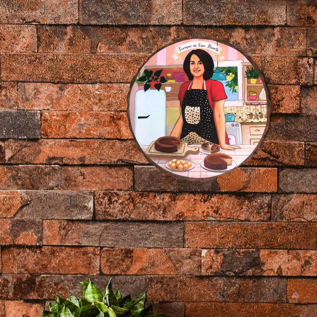 Photo Caricature Bark Nameplate With Stand For Chef - Mounted on Brick Wall Close-up