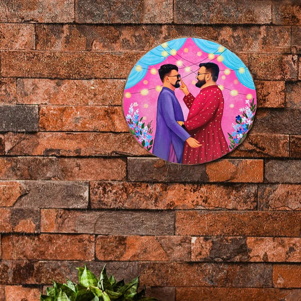 Photo Caricature Bark Nameplate With Stand For Lgbt Couples - Mounted Round Wall Art Display