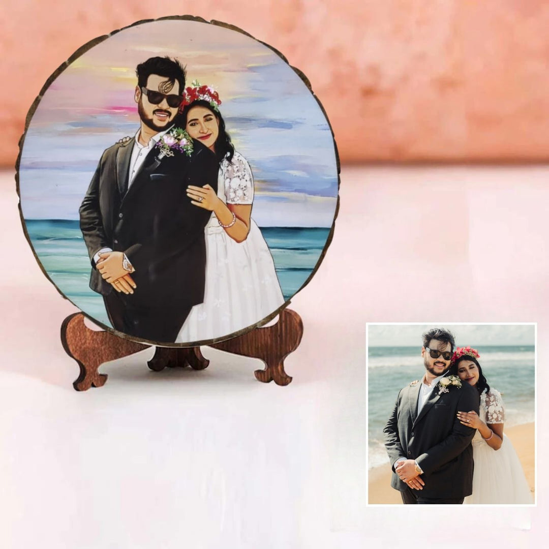 Photo Caricature Bark Nameplate With Stand For Wedding 3 - Front View with Original Photo Comparison