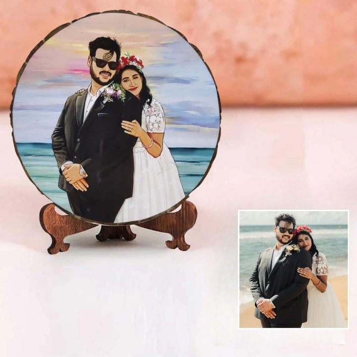 Photo Caricature Bark Nameplate With Stand For Wedding 3 - Front View with Original Photo Comparison